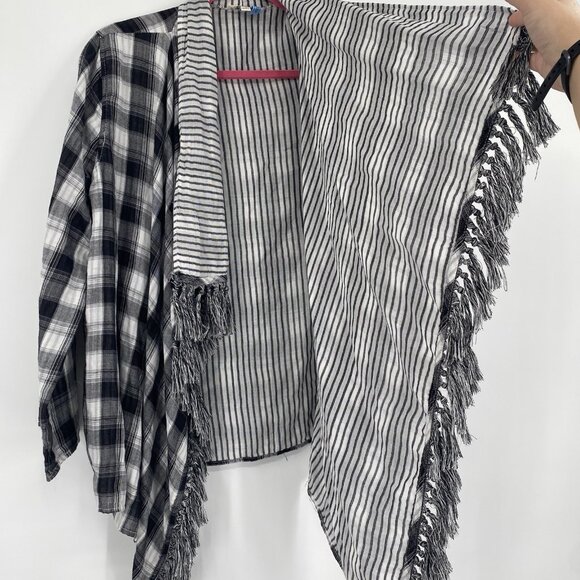 Umgee Womens M Black White Plaid Fringe Roll Tab Sleeve Drape Front Cardigan - Picture 5 of 12